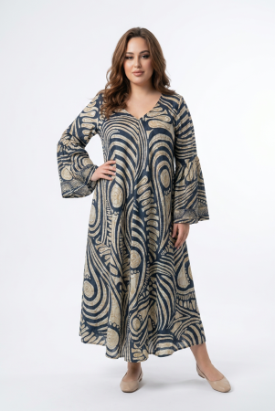 Nou pe Magdy - Rochie maxi boho din mătase bleu cu imprimeu arabesque