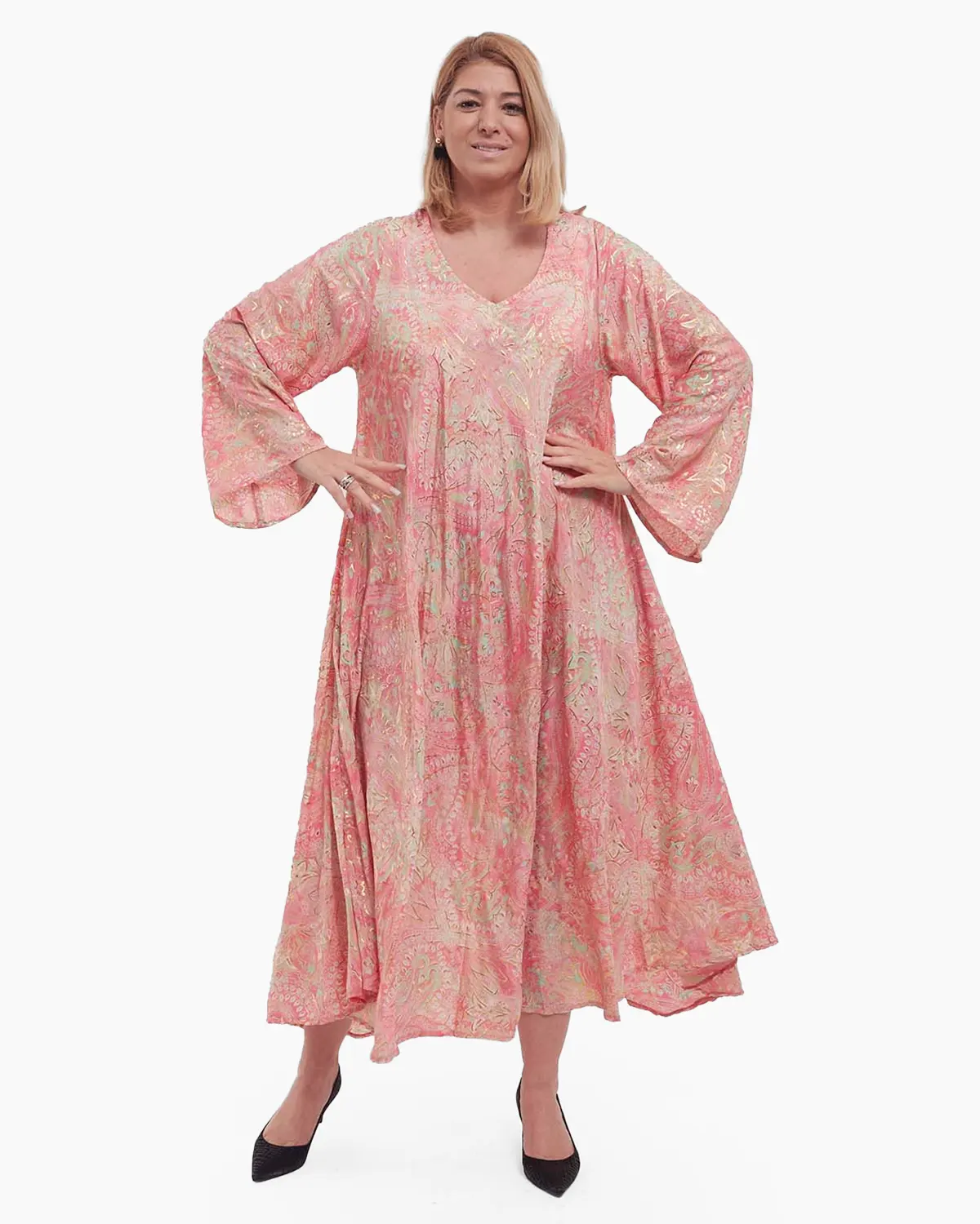 Rochii din Mătase - Rochie maxi boho roz piersică fluidă din mătase florală