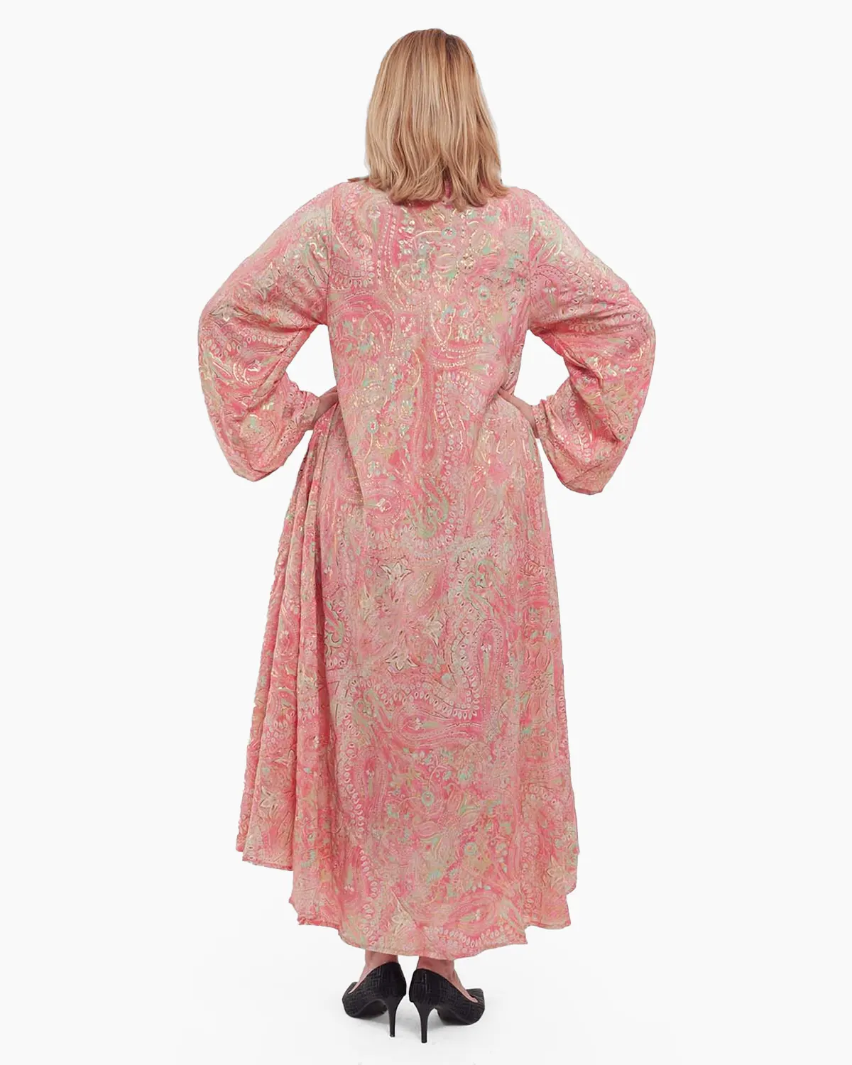 Rochie maxi boho roz piersică fluidă din mătase florală [1]