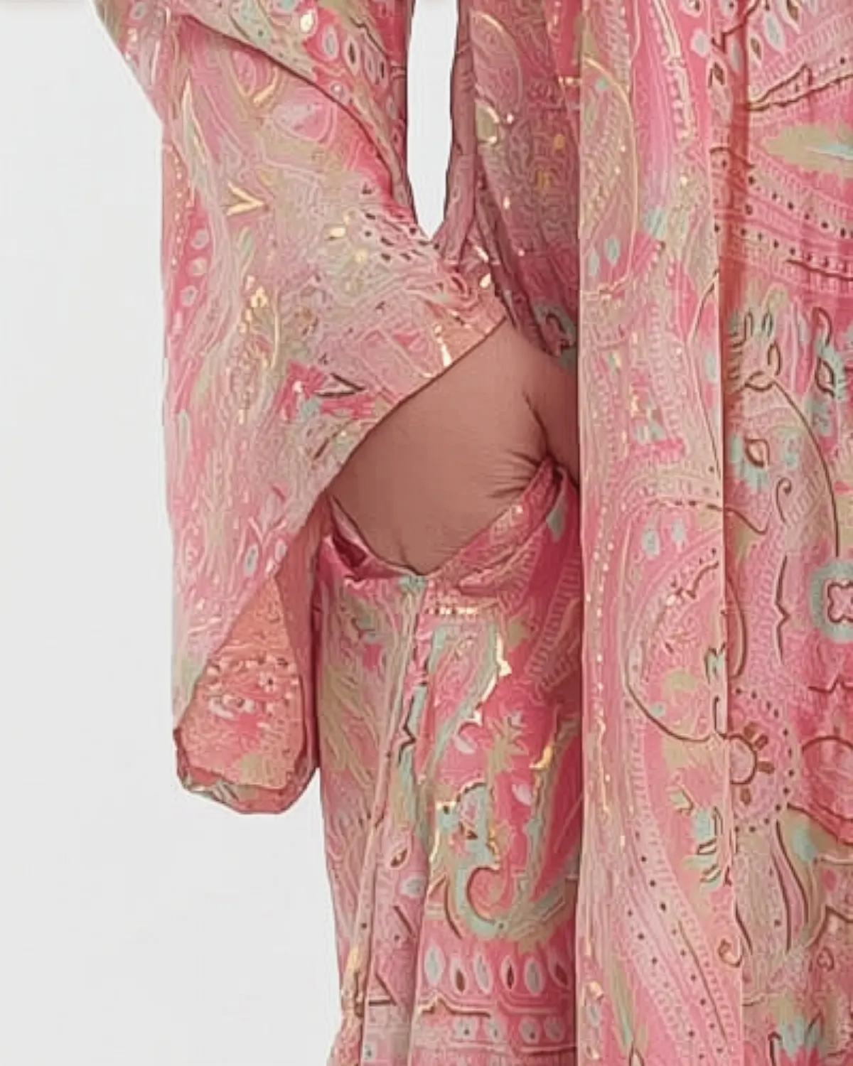 Rochie maxi boho roz piersică fluidă din mătase florală [3]