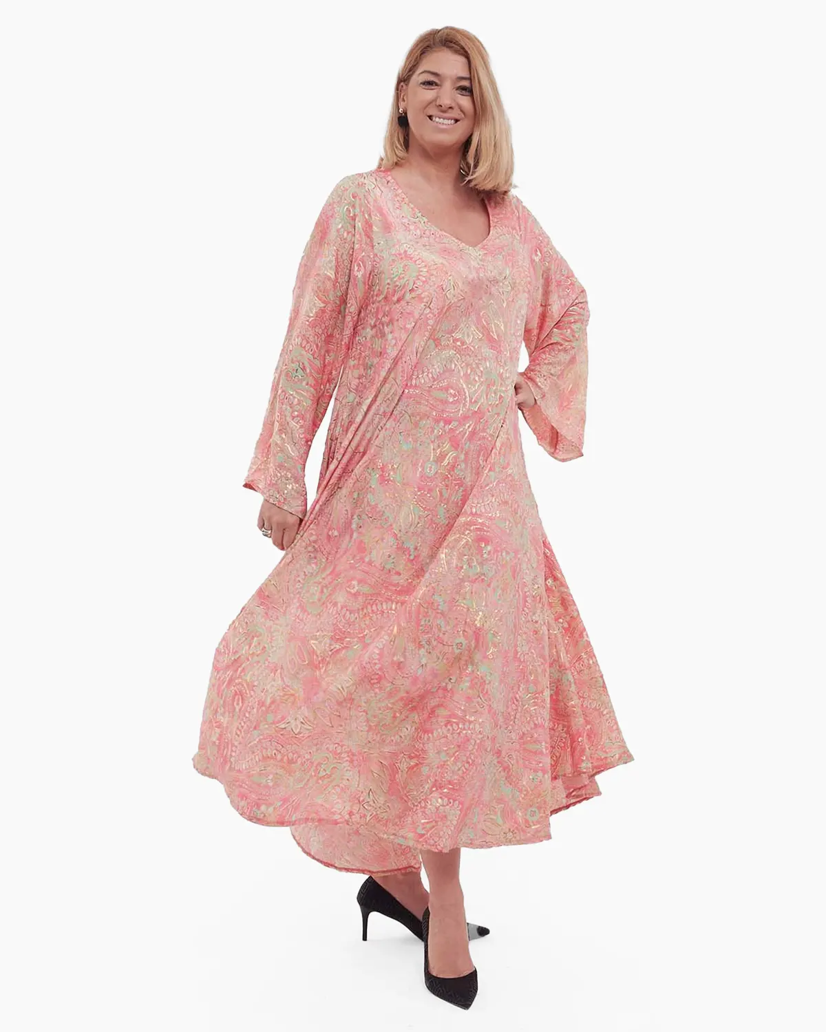 Rochie maxi boho roz piersică fluidă din mătase florală [2]
