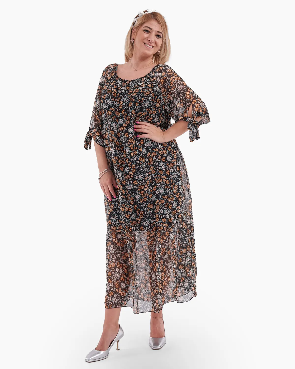 Rochii - Rochie maxi casual cu imprimeu floral orange si alb