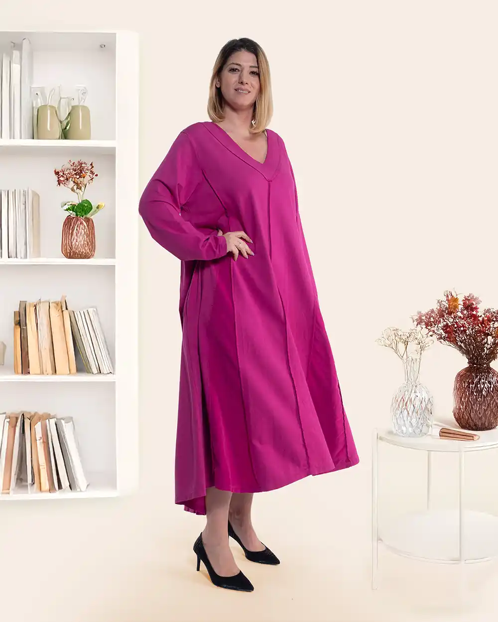 Rochie maxi casual oversize fucsia din vâscoză mâneci lungi [2]
