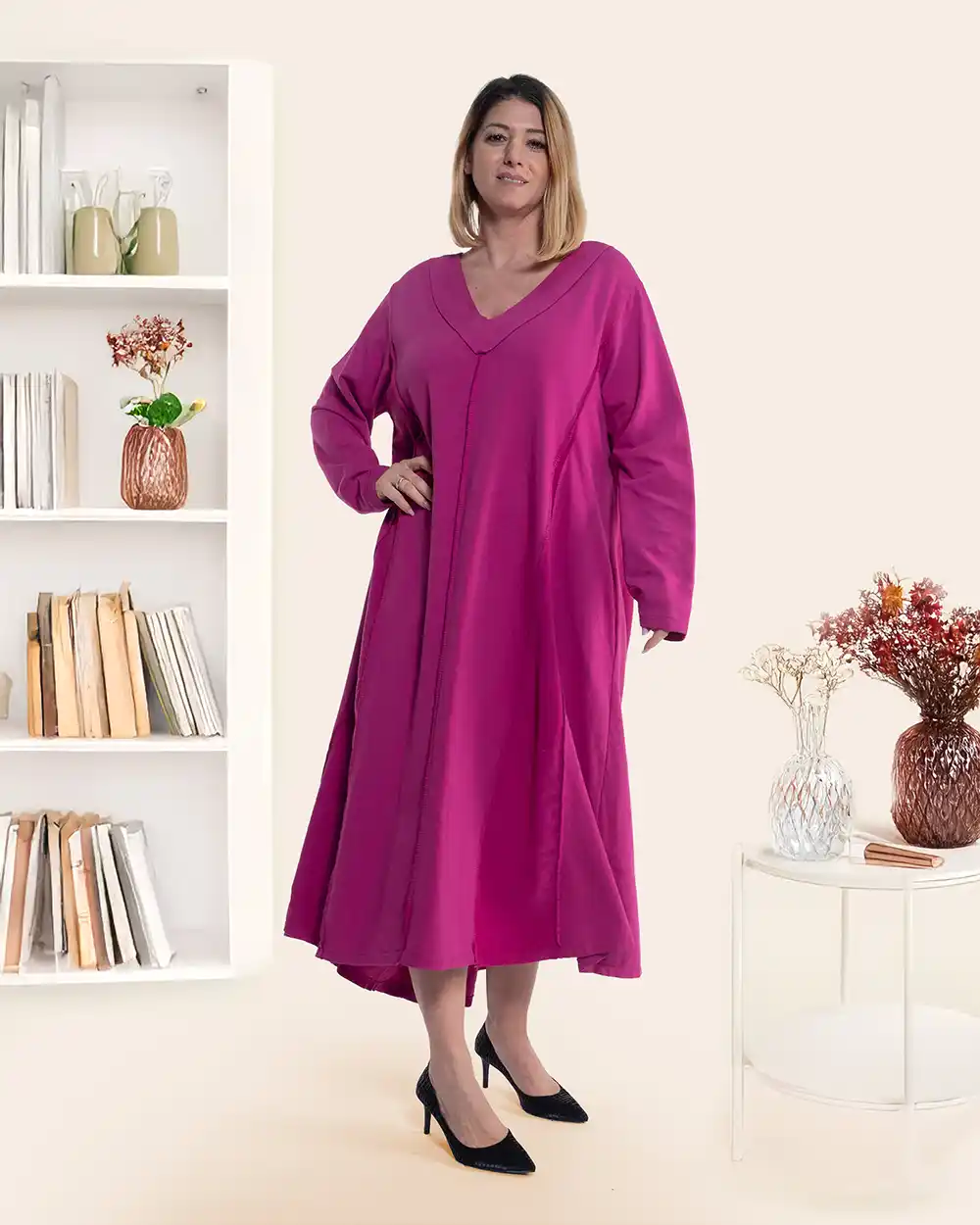 Rochii la Promoție - Rochie maxi casual oversize fucsia din vâscoză mâneci lungi