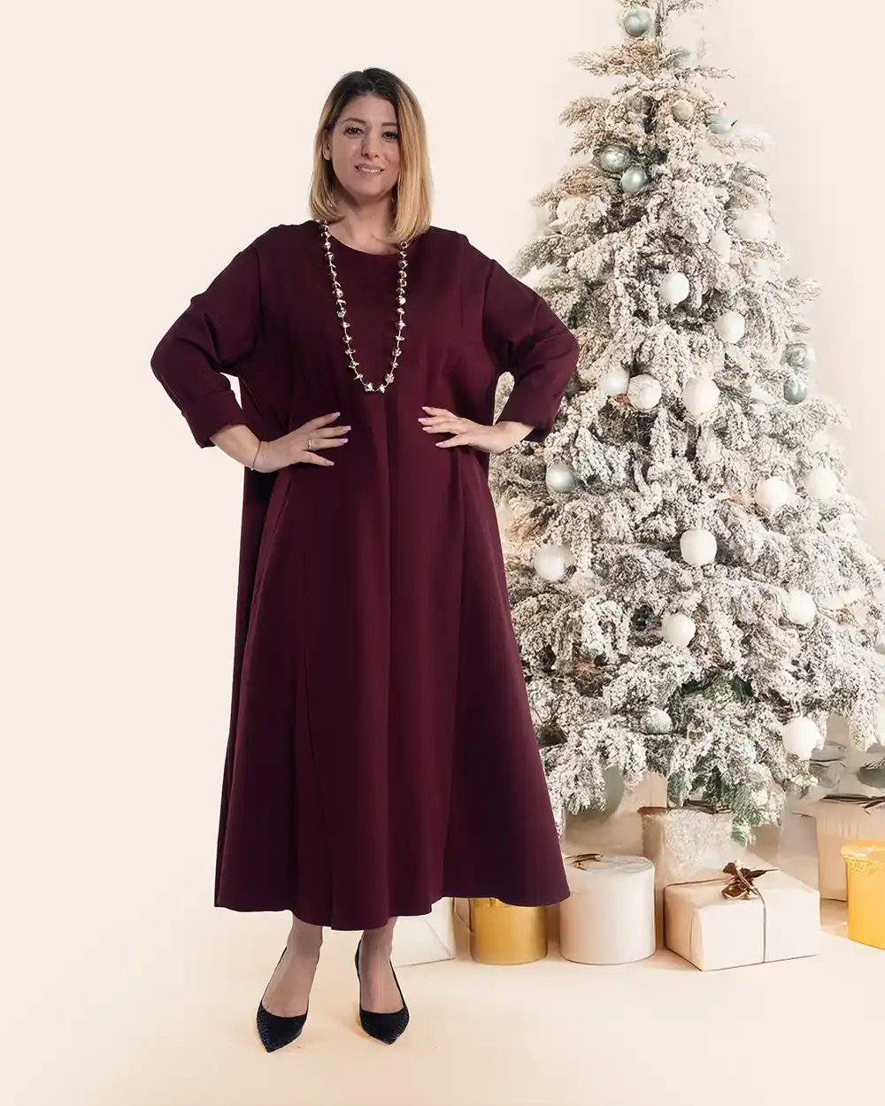 Rochii la Promoție - Rochie maxi casual oversize vișiniu din vâscoză mâneci lungi