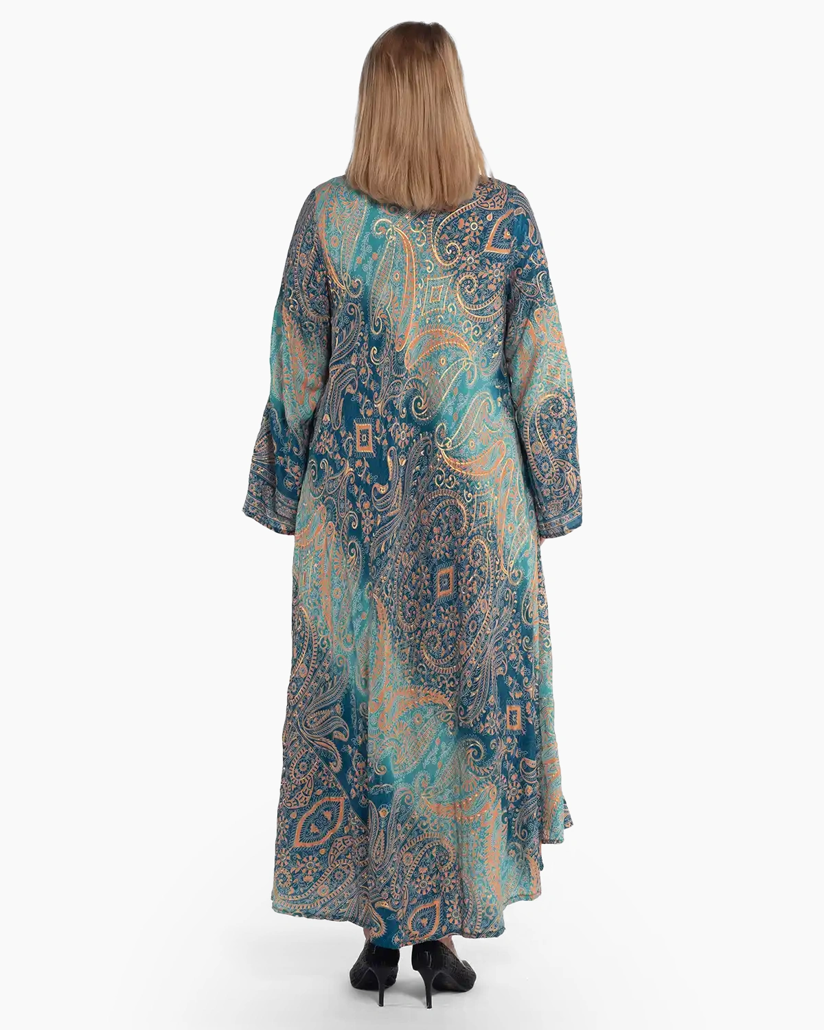 Rochie maxi din mătase turcoaz cu imprimeu arabesque boho [1]