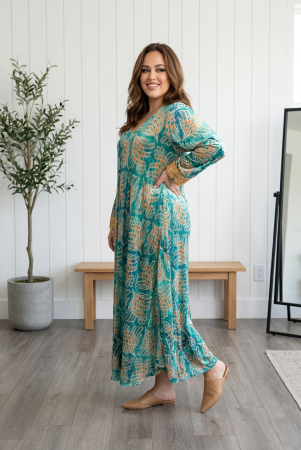 Rochie maxi din mătase turcoaz cu imprimeu arabesque boho [2]
