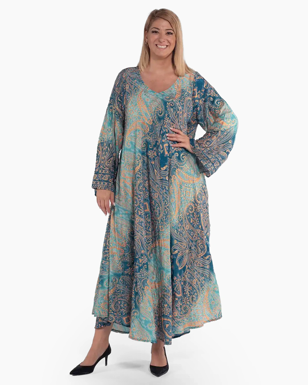 Rochie maxi din mătase turcoaz cu imprimeu arabesque boho