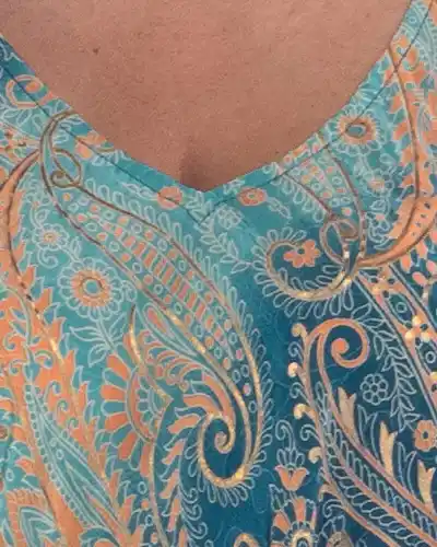 Rochie maxi din mătase turcoaz cu imprimeu arabesque boho [2]