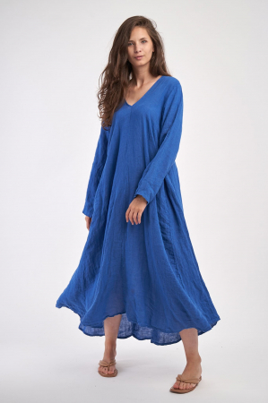Rochii din In - Rochie maxi in forma de A, cu decolteu in V, din in, albastra