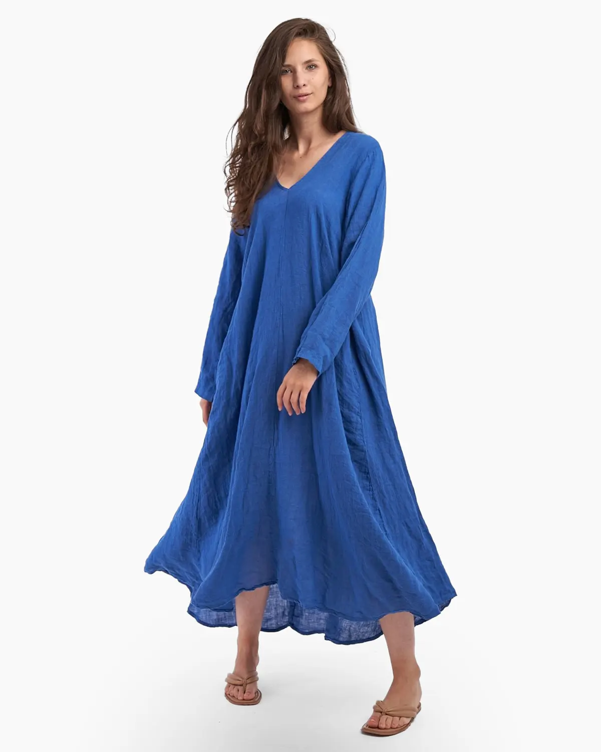 Rochii din In - Rochie maxi in forma de A, cu decolteu in V, din in, albastra