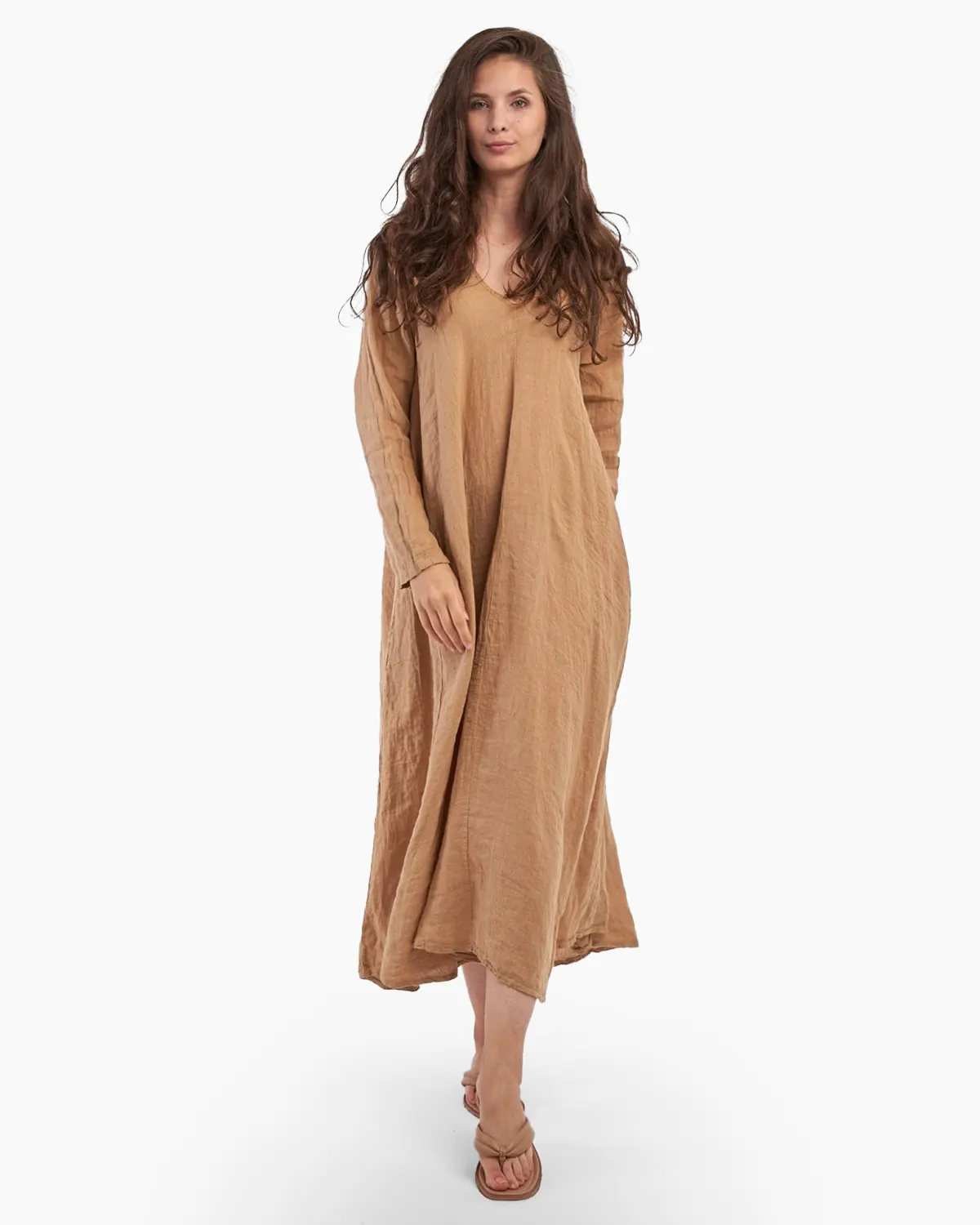 Rochii din In - Rochie maxi in forma de A, cu decolteu in V, din in, bej inchis