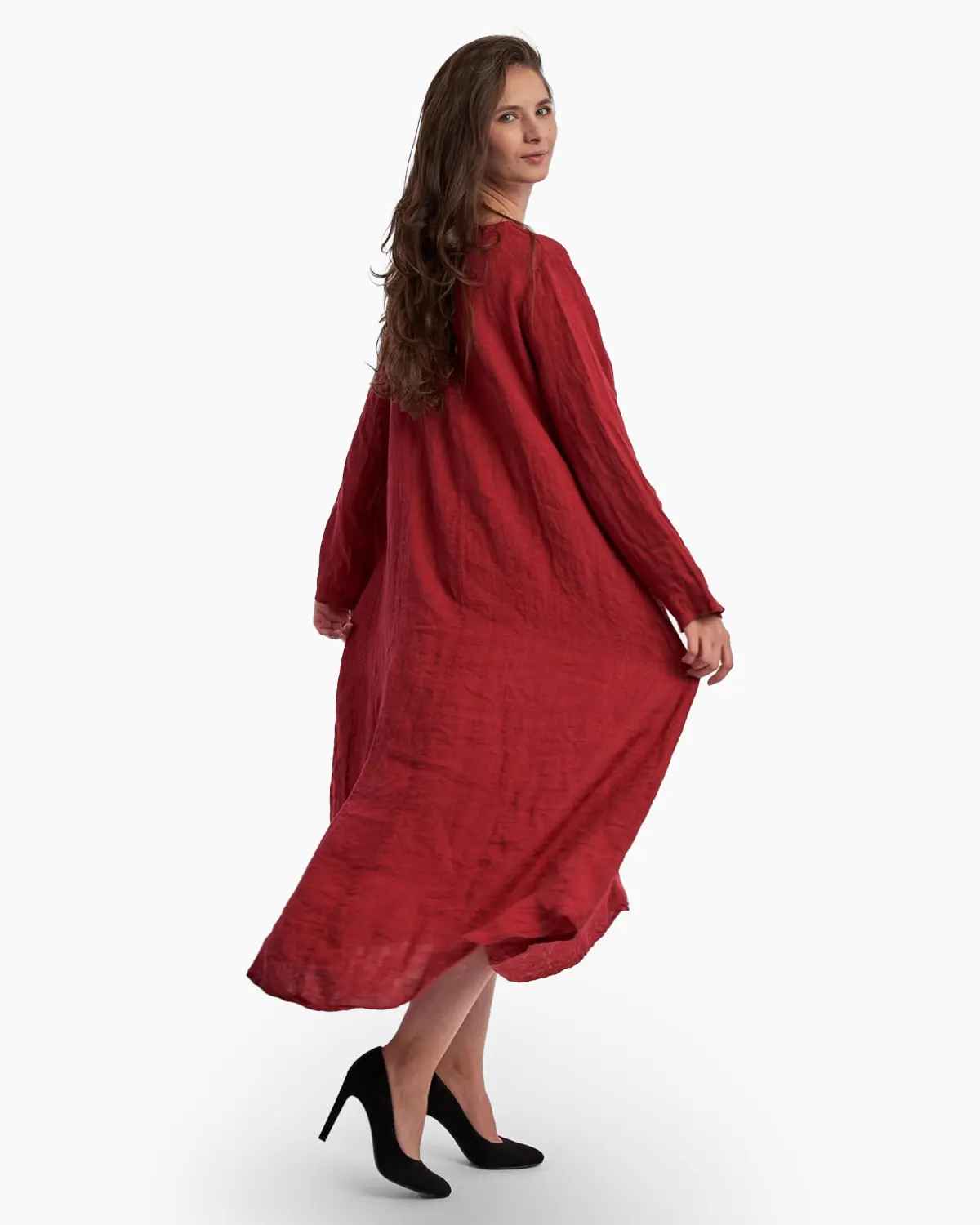 Rochie maxi in forma de A, cu decolteu in V, din in, grena [1]