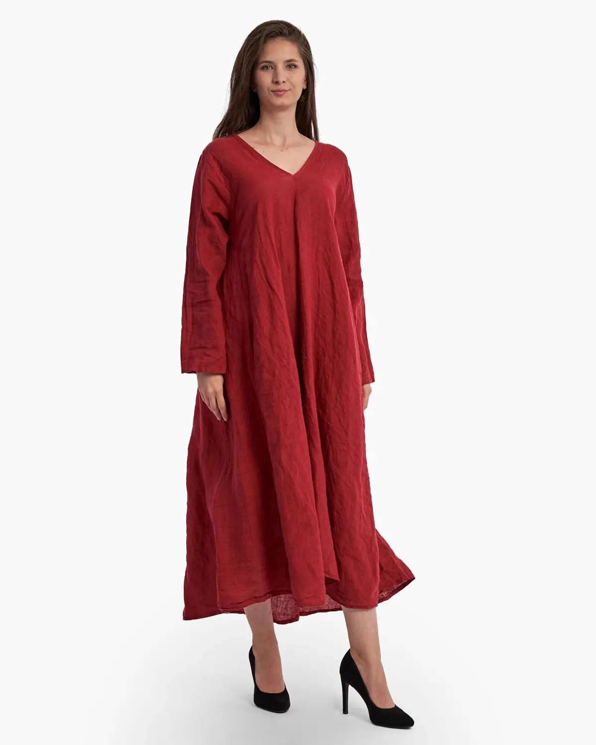 Haine damă - Rochie maxi in forma de A, cu decolteu in V, din in, grena