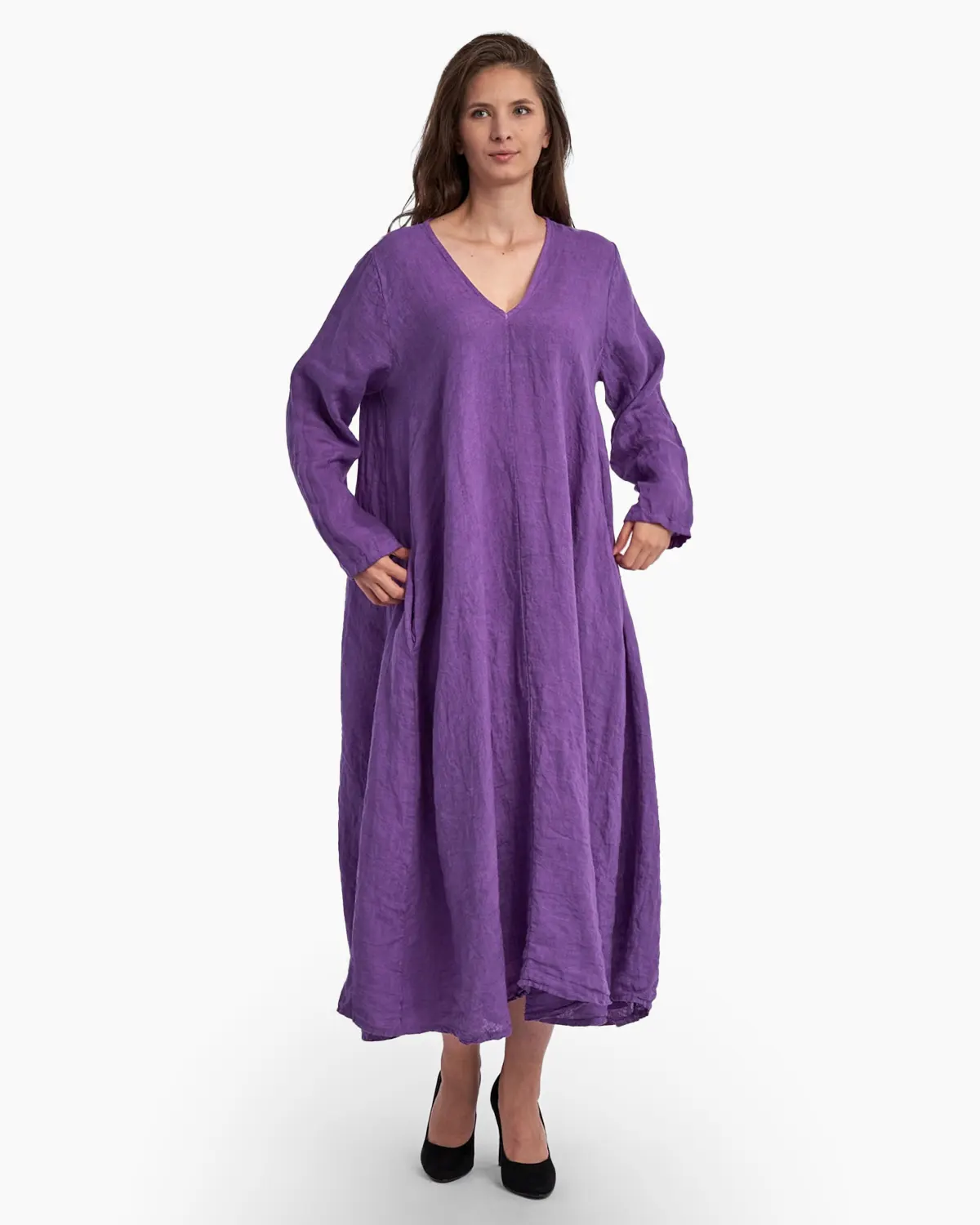 Rochie maxi in forma de A, cu decolteu in V, din in, mov [2]