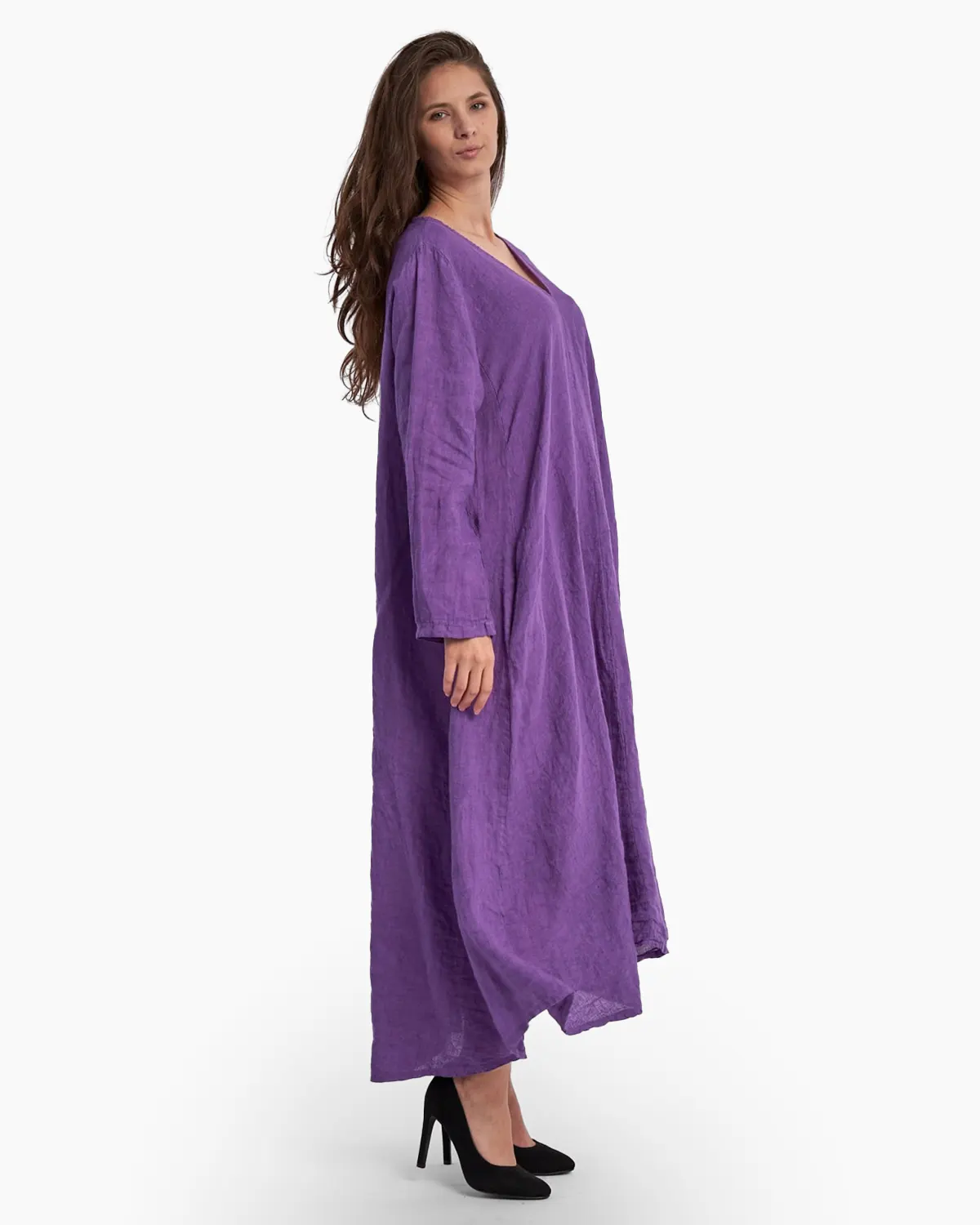 Rochii - Rochie maxi in forma de A, cu decolteu in V, din in, mov