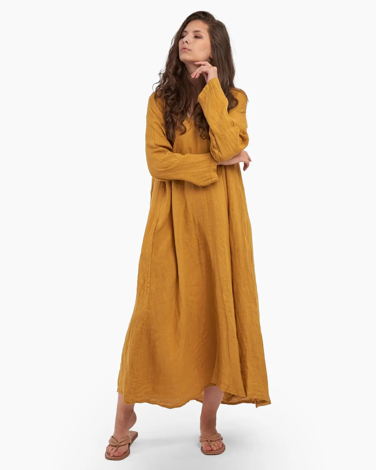 Rochie maxi in forma de A, cu decolteu in V, din in, mustar [1]