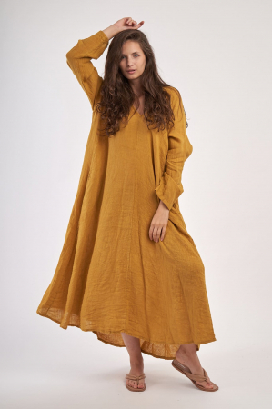 Rochii din In - Rochie maxi in forma de A, cu decolteu in V, din in, mustar