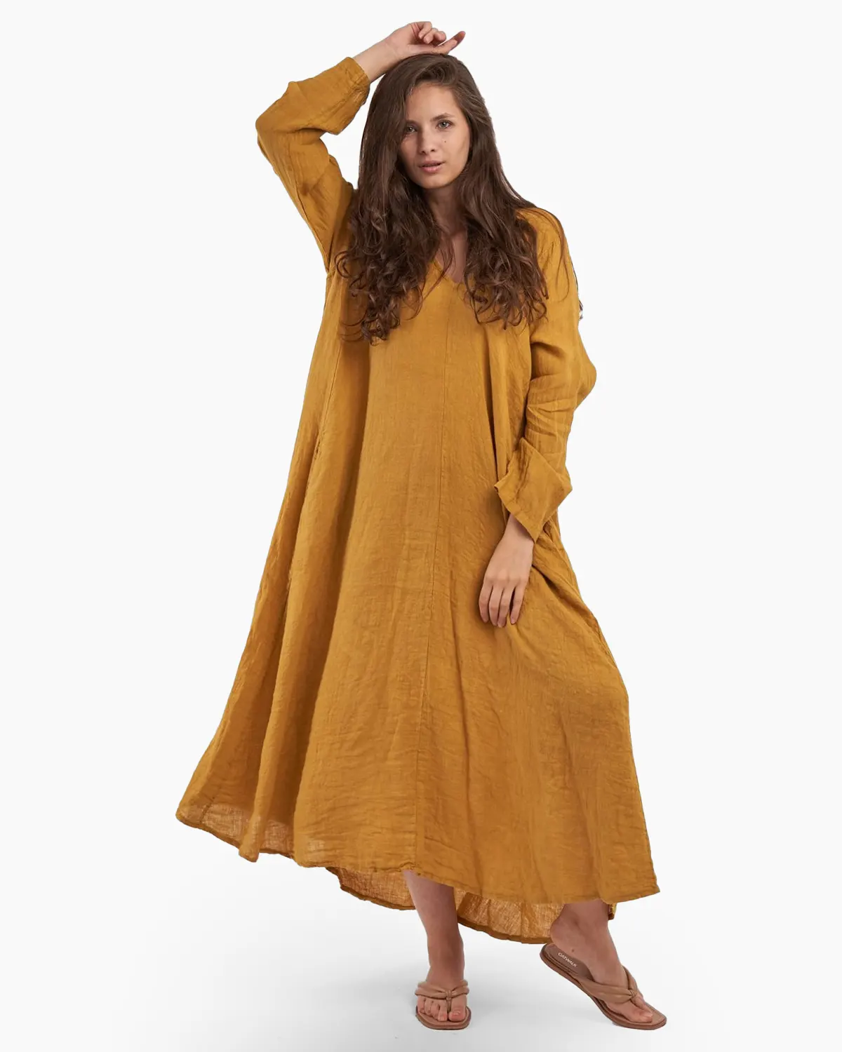 Rochii din In - Rochie maxi in forma de A, cu decolteu in V, din in, mustar