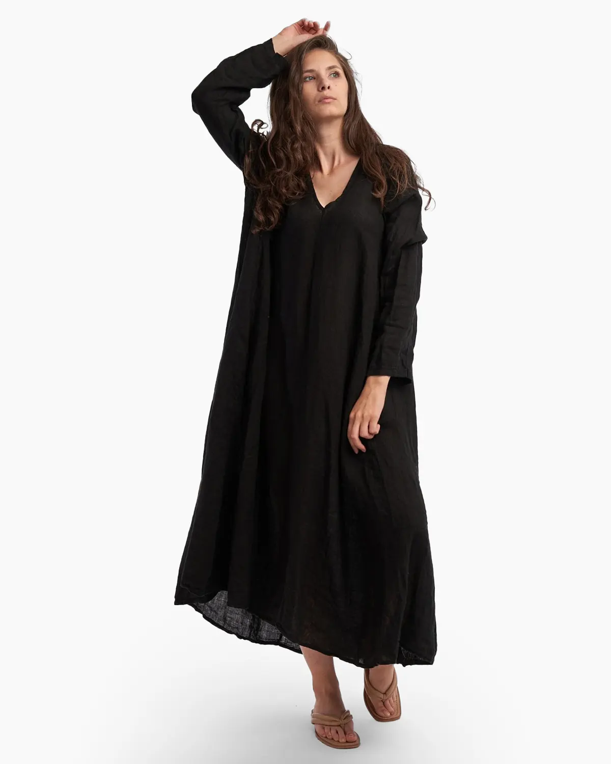 Haine damă - Rochie maxi in forma de A, cu decolteu in V, din in, neagra