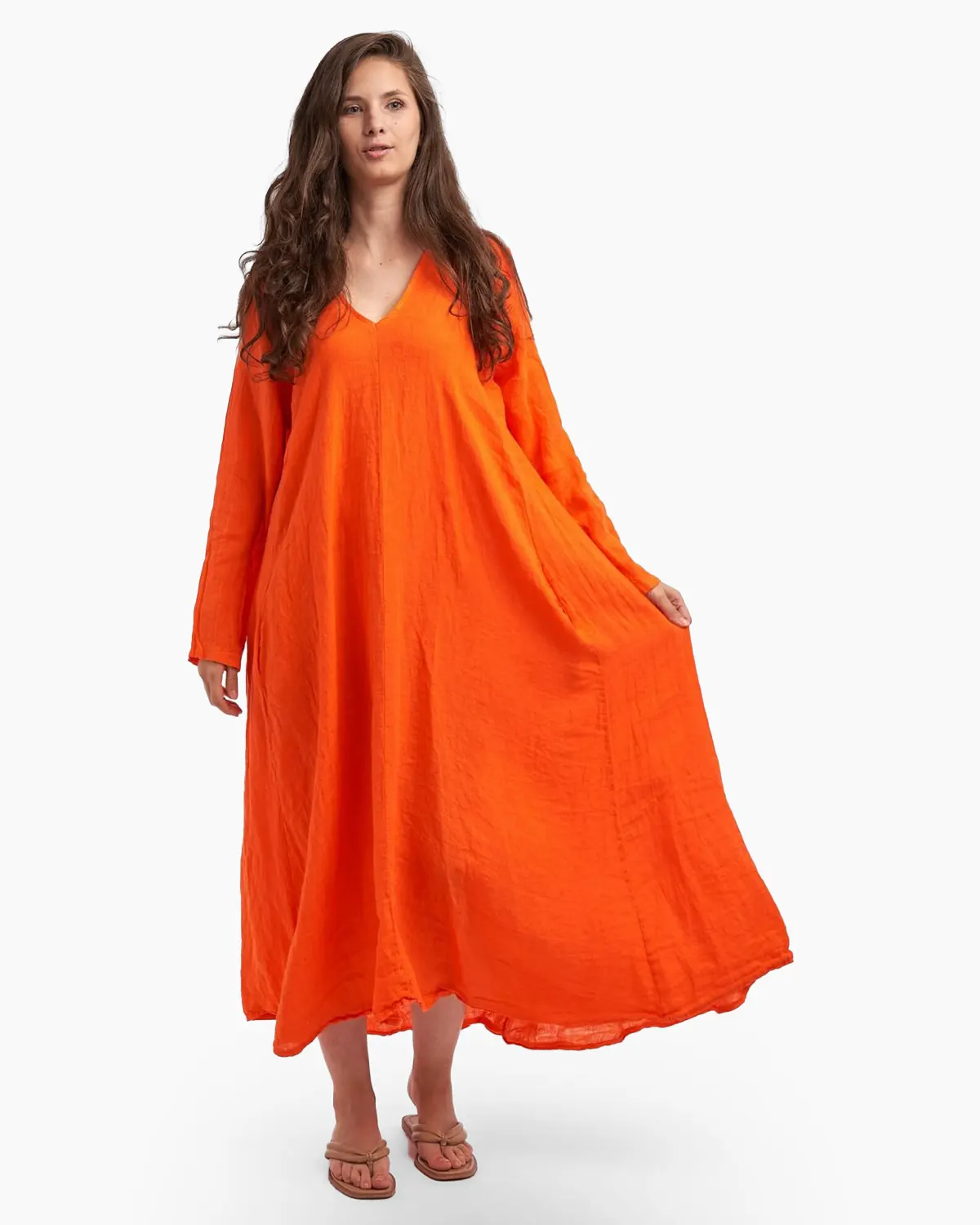 Haine damă - Rochie maxi in forma de A, cu decolteu in V, din in, portocalie