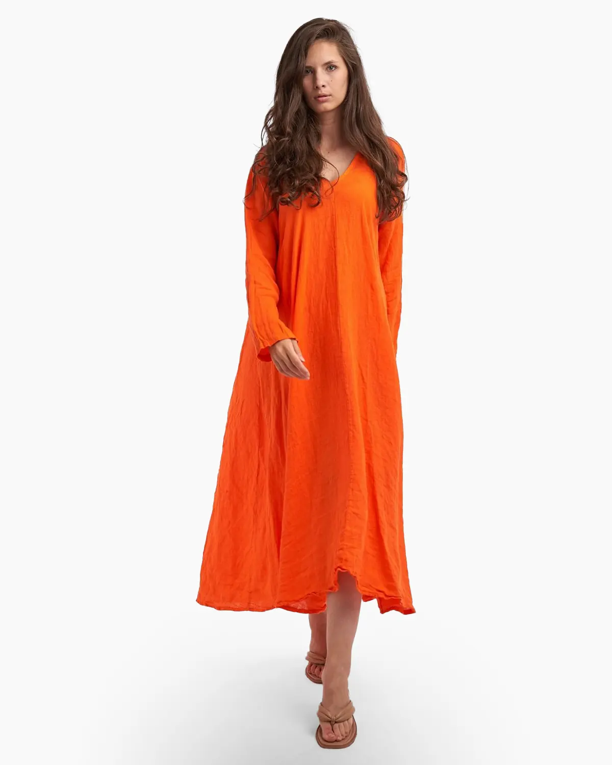 Rochie maxi in forma de A, cu decolteu in V, din in, portocalie [2]