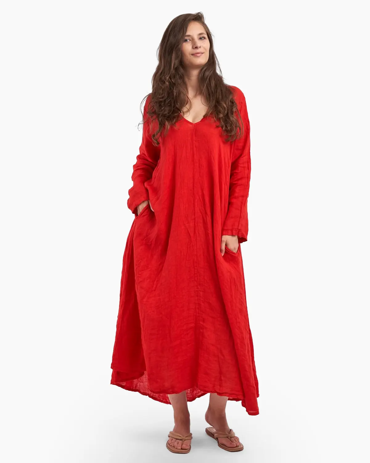 Rochie maxi in forma de A, cu decolteu in V, din in, rosie [1]