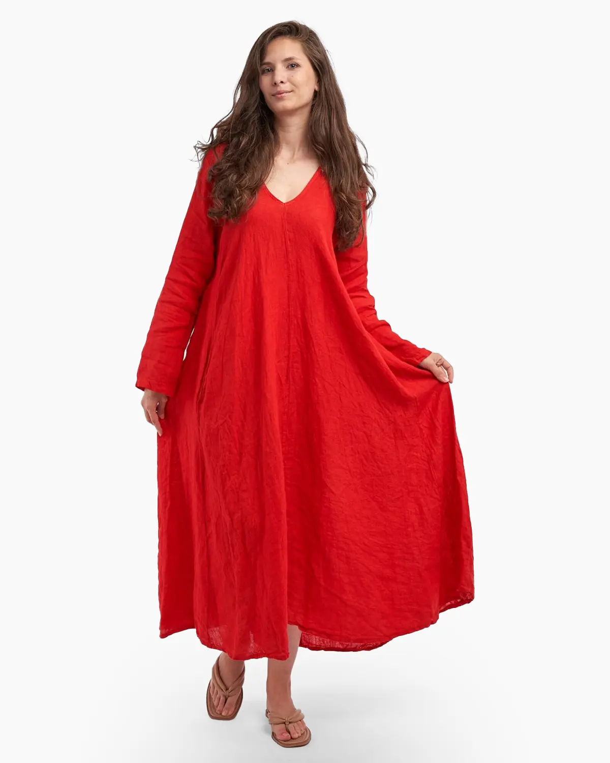 Haine damă - Rochie maxi in forma de A, cu decolteu in V, din in, rosie
