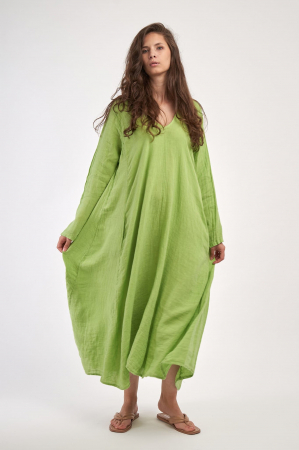 Rochie maxi in forma de A, cu decolteu in V, din in, verde lime [0]