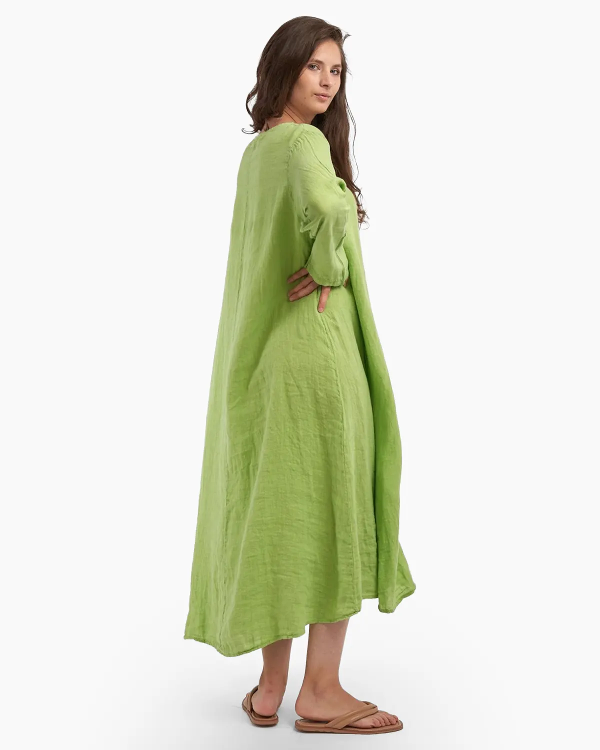 Rochie maxi in forma de A, cu decolteu in V, din in, verde lime [1]