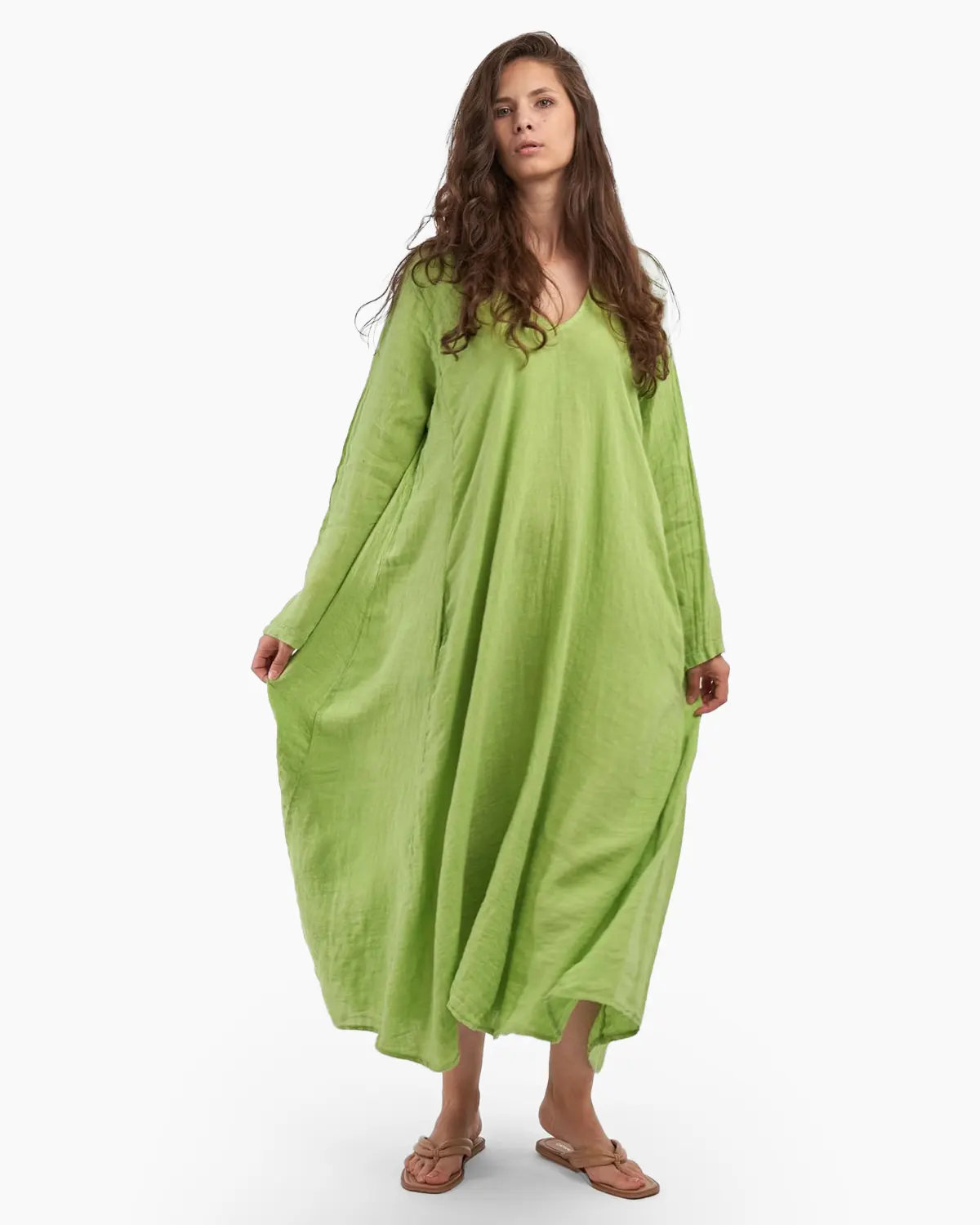 Haine damă - Rochie maxi in forma de A, cu decolteu in V, din in, verde lime