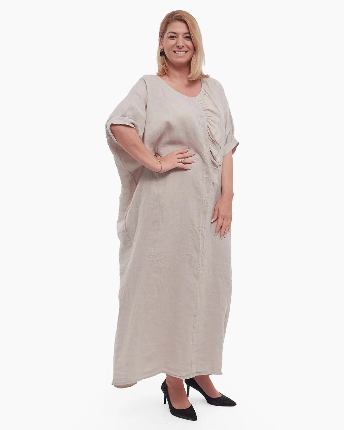 Rochie maxi minimalistă bej-fango din in cu volan și mâneci dolman [2]