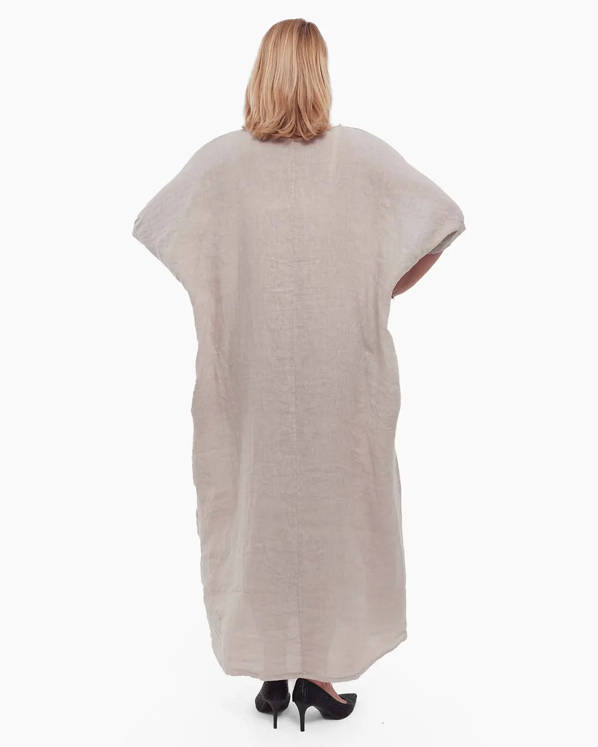 Rochie maxi minimalistă bej-fango din in cu volan și mâneci dolman [1]