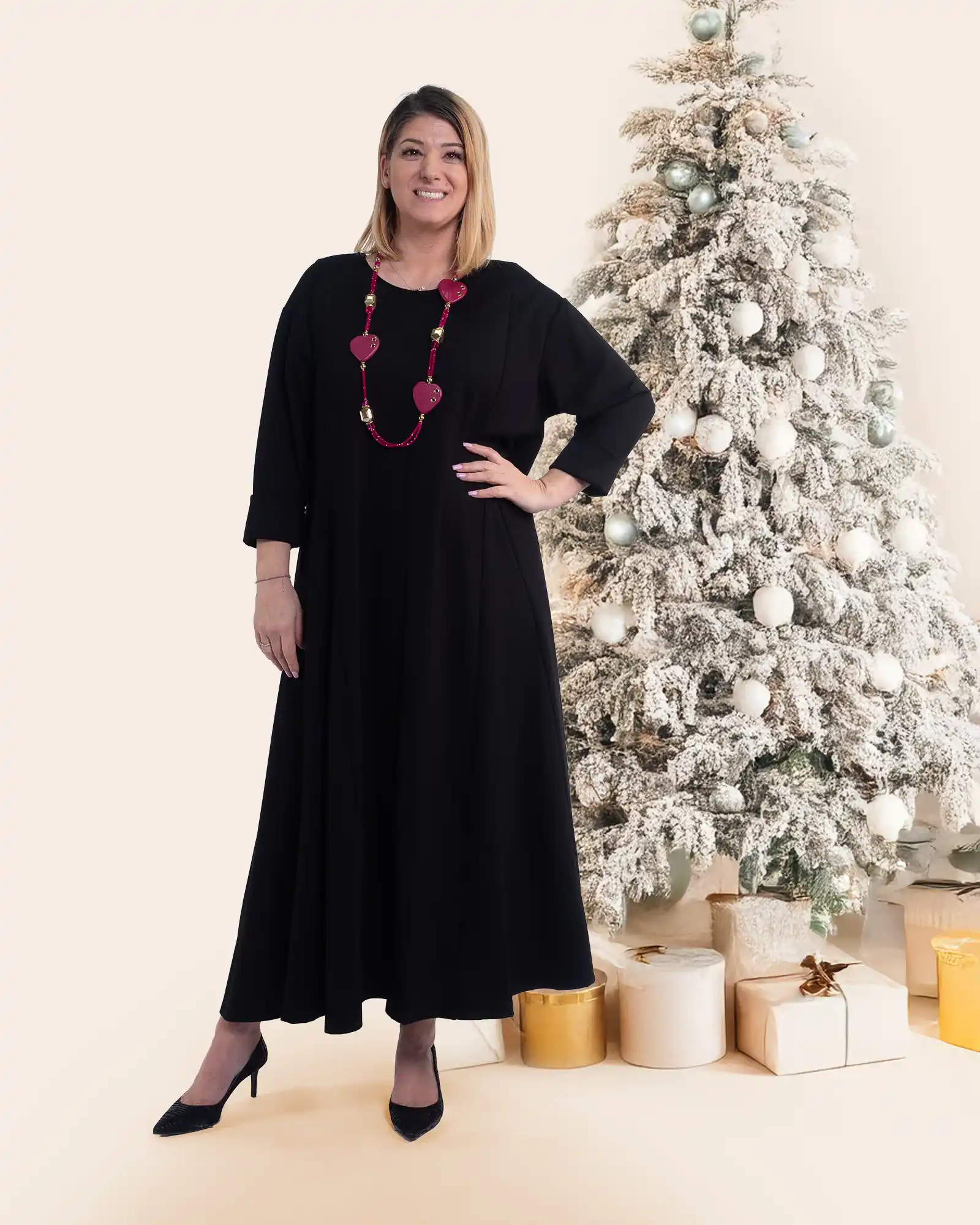 Rochii Casual - Rochie maxi neagră casual din vâscoză cu mânecă lungă