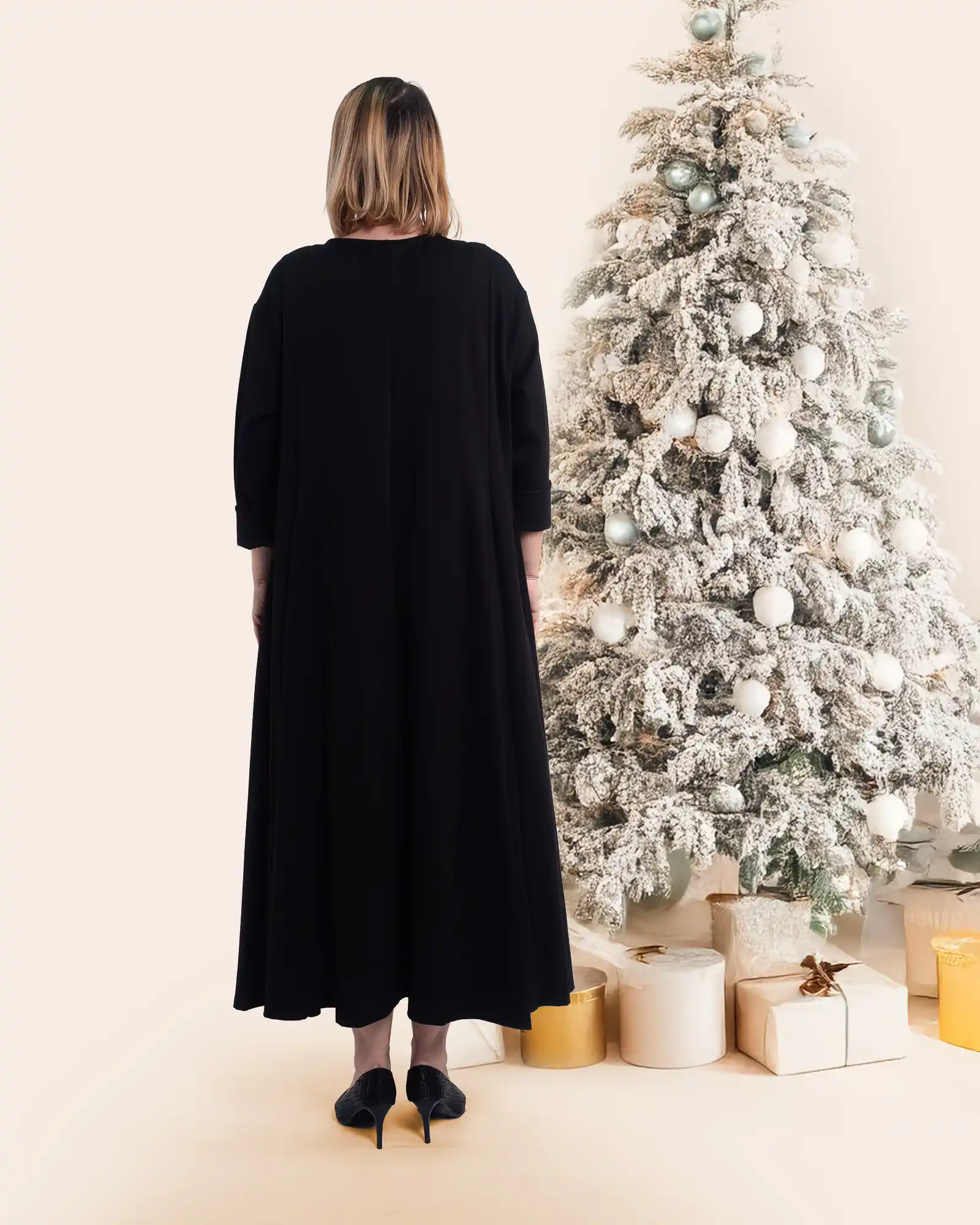 Rochie maxi neagră casual din vâscoză cu mânecă lungă [1]