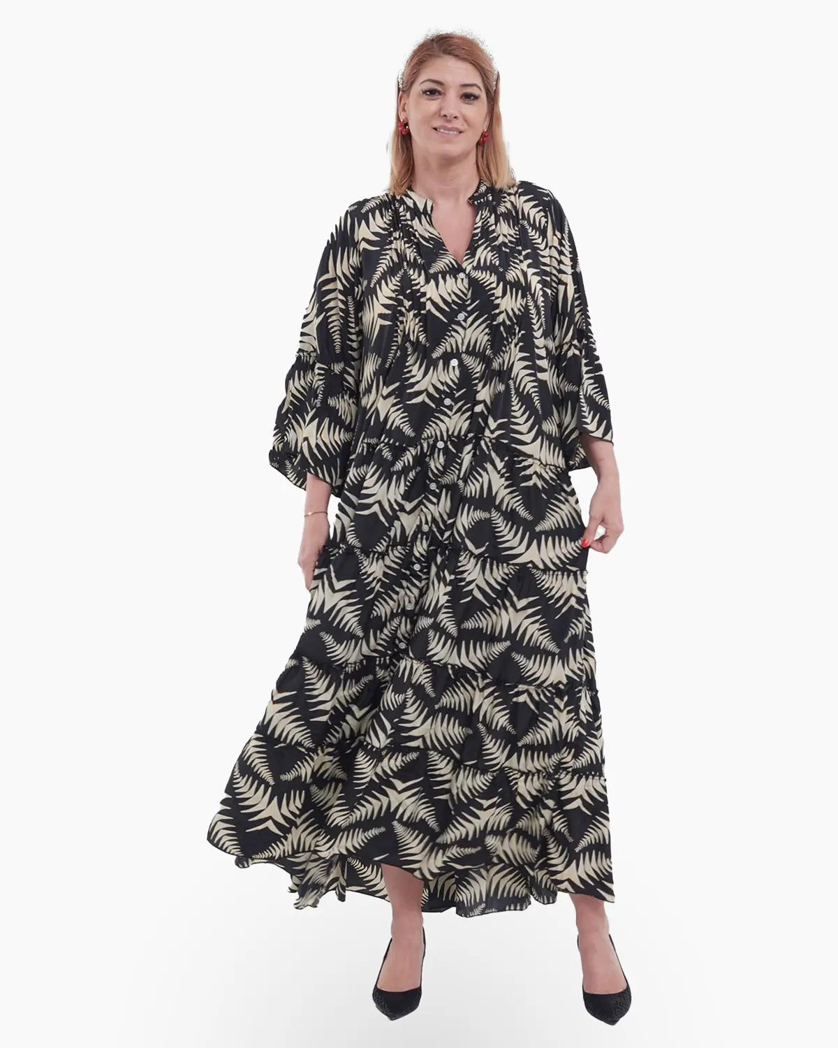Rochii din Mătase - Rochie maxi neagră elegantă din mătase cu imprimeu floral, volane și maneci bufante