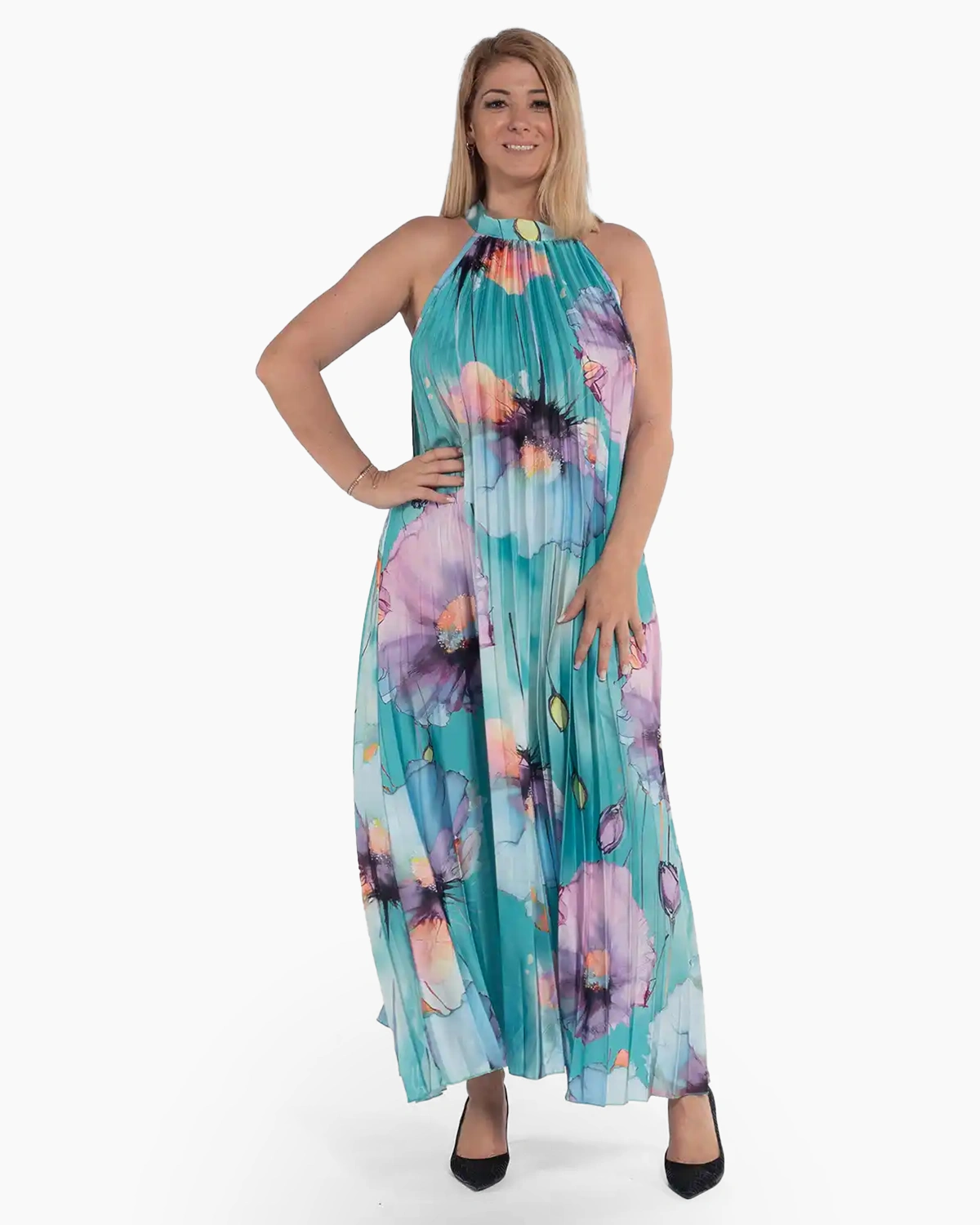 Rochii - Rochie maxi plisată într-o nuanță de turcoaz cu imprimeu floral