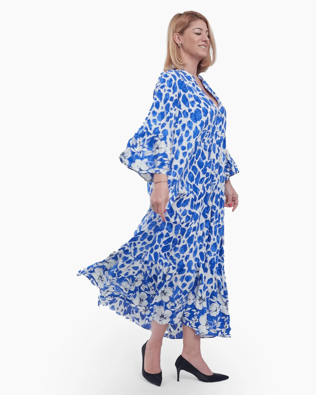 Rochie Maxi Vaporoasă cu Imprimeu Floral albastru și Alb – Stil Lejer și Elegant [2]