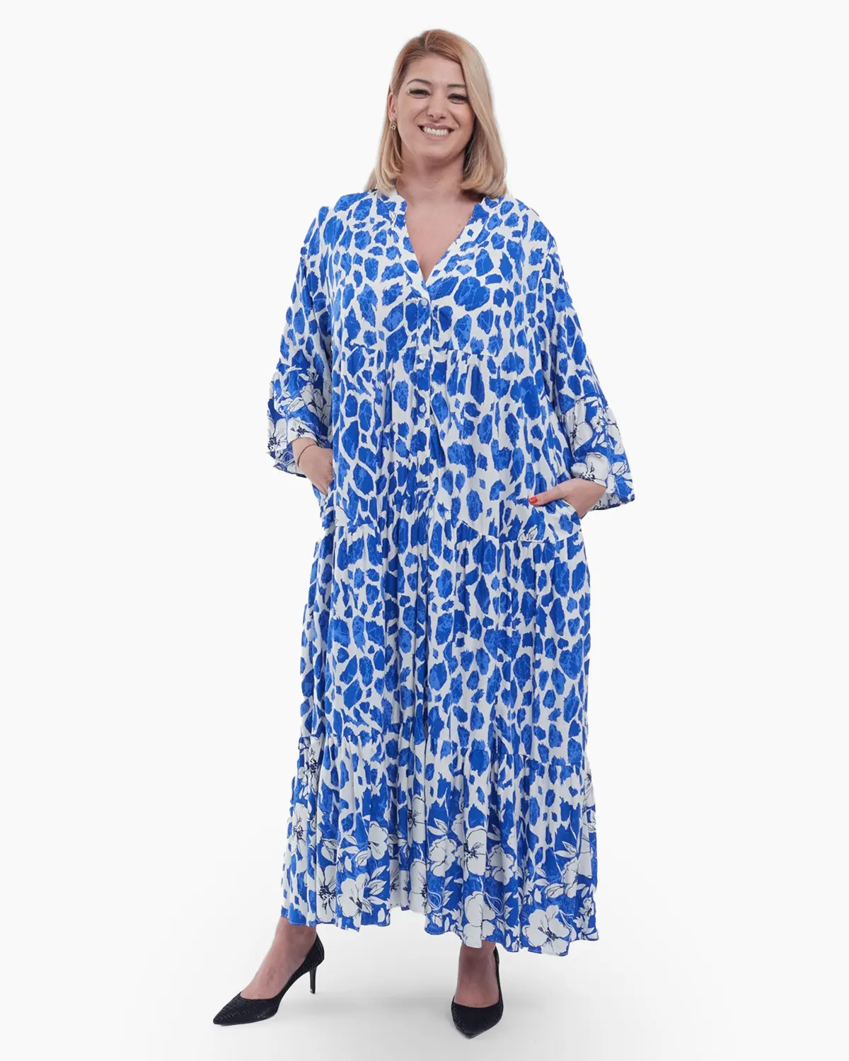 Rochii - Rochie Maxi Vaporoasă cu Imprimeu Floral albastru și Alb – Stil Lejer și Elegant