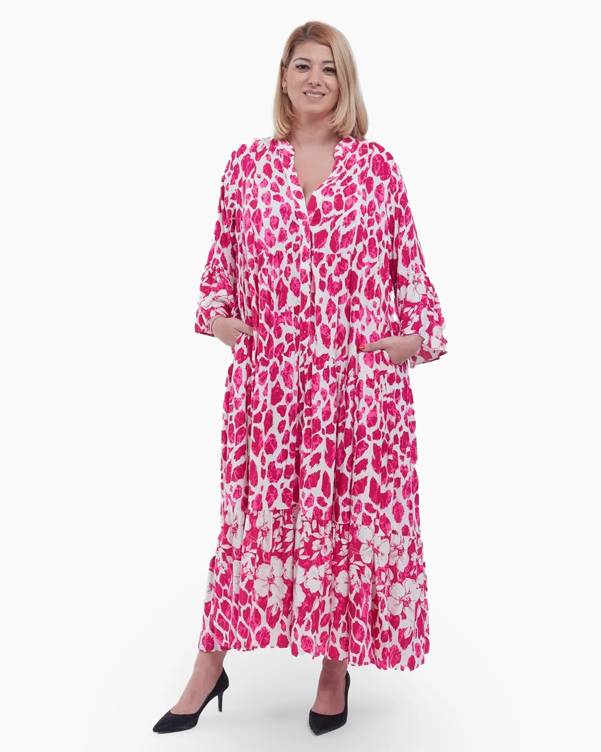 Rochii - Rochie Maxi Vaporoasă cu Imprimeu Floral Roz și Alb – Stil Lejer și Elegant