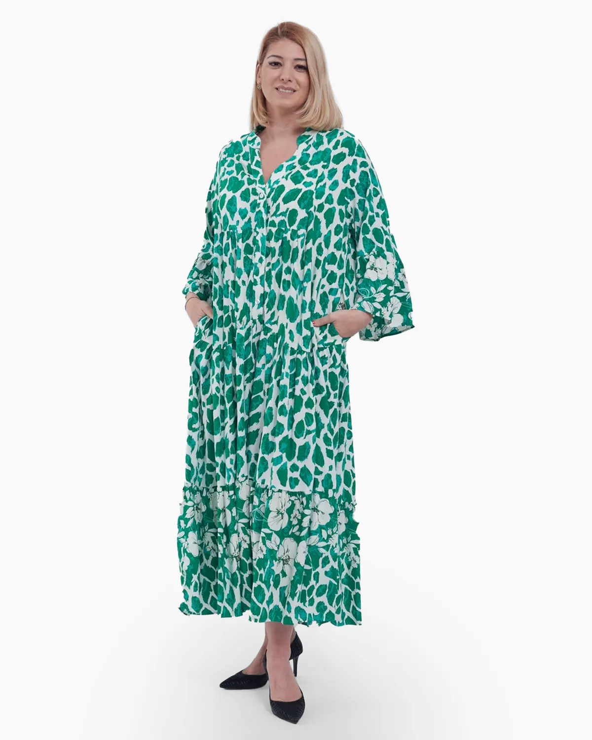Rochii - Rochie Maxi Vaporoasă cu Imprimeu Floral Verde și Alb – Stil Lejer și Elegant