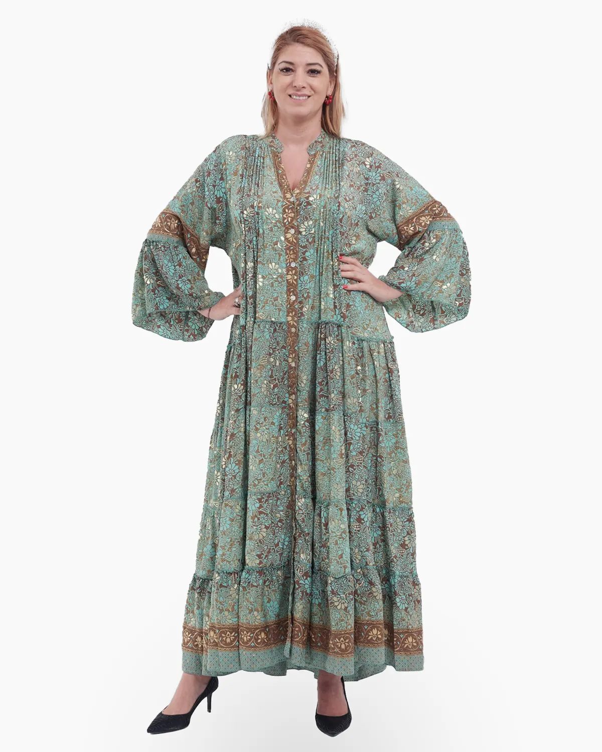 Rochii din Mătase - Rochie maxi vernil elegantă din mătase cu imprimeu floral, volane și maneci bufante