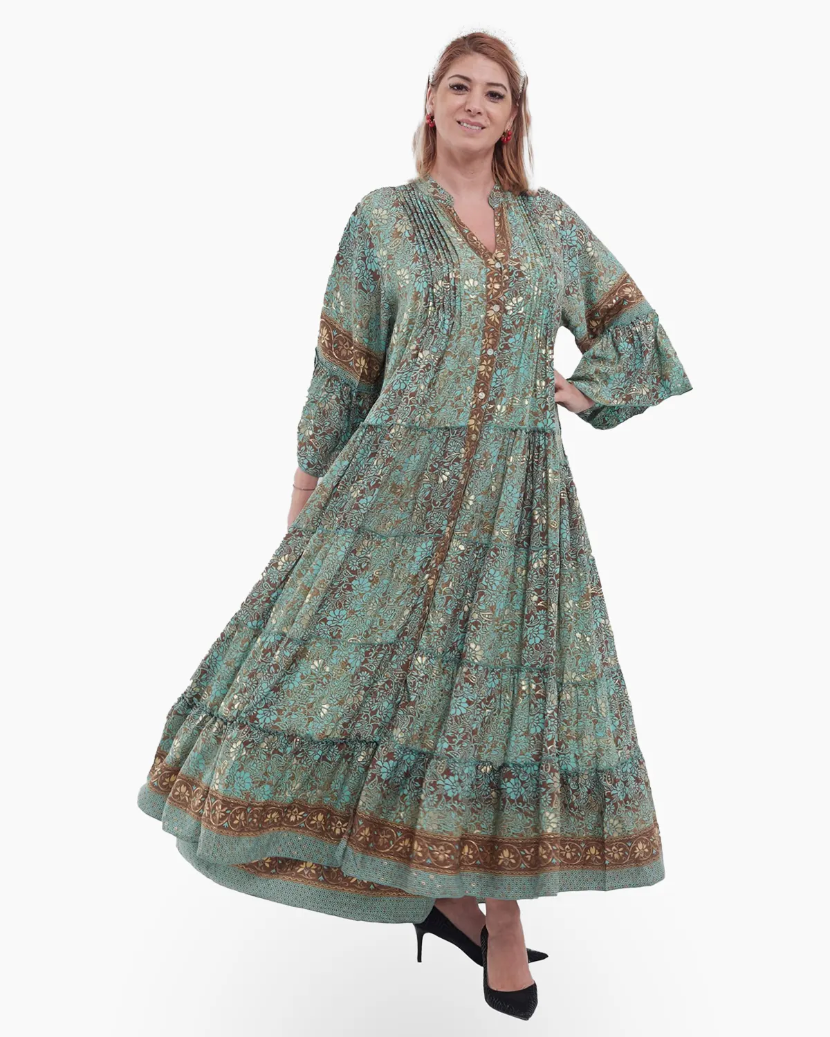 Rochie maxi vernil elegantă din mătase cu imprimeu floral, volane și maneci bufante [3]