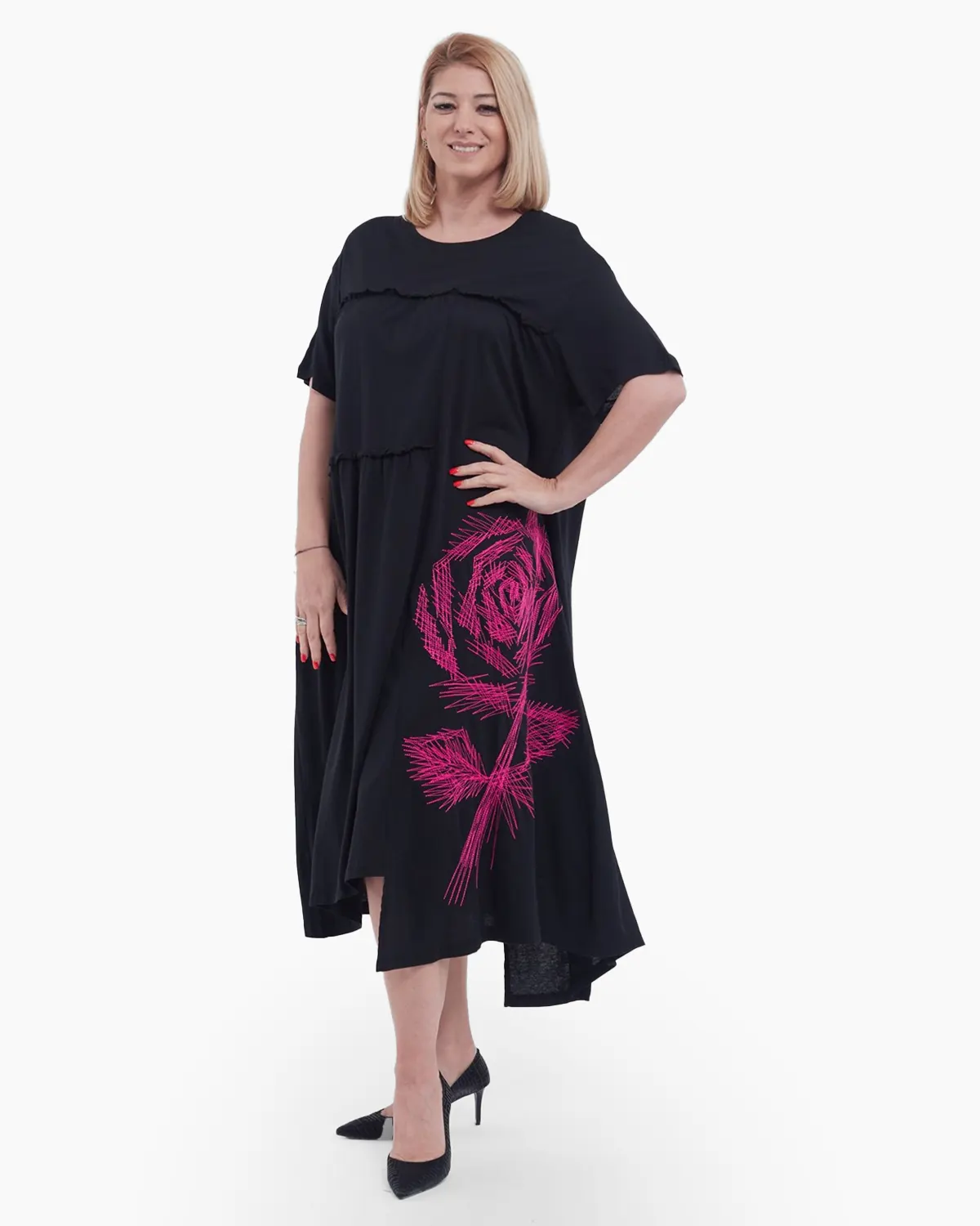 Rochii - Rochie midi A-line din bumbac cu imprimeu floral, design asimetric lejer si buzunare discrete, pentru un stil casual rafinat, negru