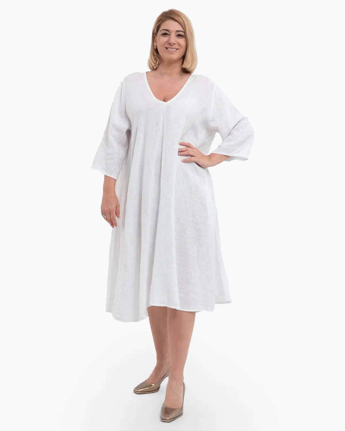 Rochii din In - Rochie midi albă din in cu decolteu în V