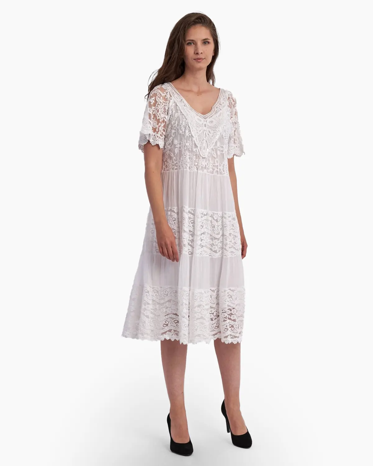 Rochii din Mătase - Rochie midi alba din matase si dantela