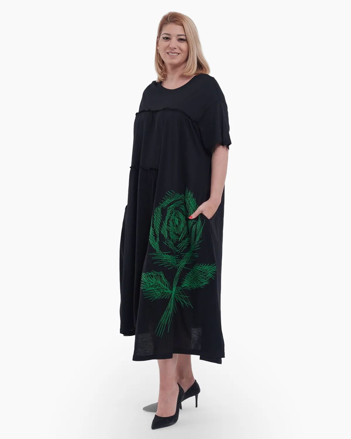 Rochie midi asimetrica eleganta din bumbac cu imprimeu floral rafinat buzunare functionale si croiala lejera A line negru [3]