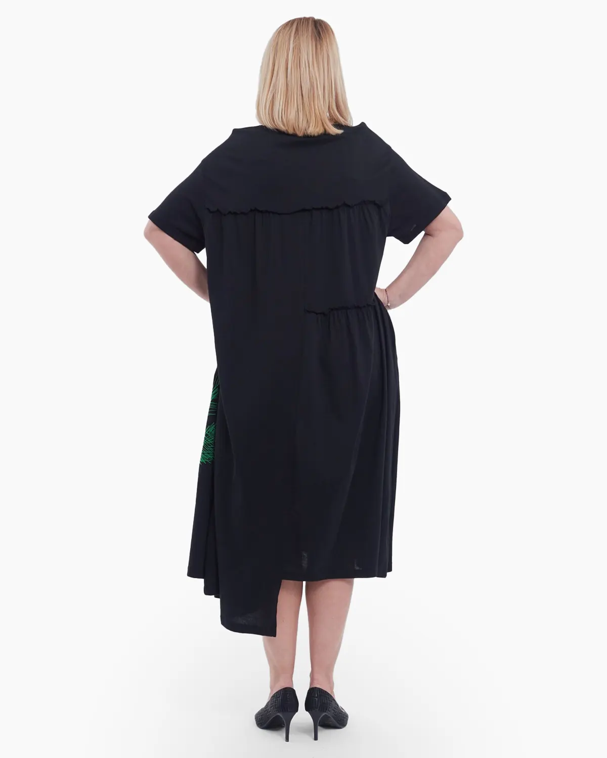 Rochie midi asimetrica eleganta din bumbac cu imprimeu floral rafinat buzunare functionale si croiala lejera A line negru [1]