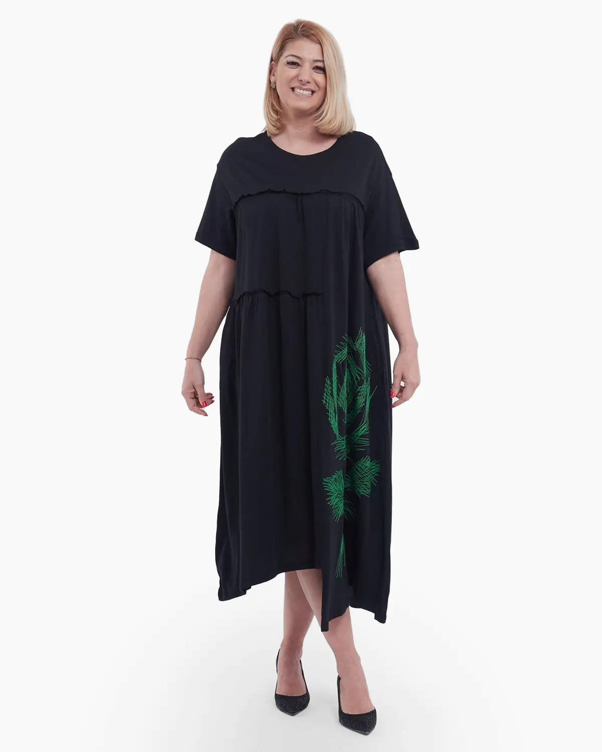 Rochie midi asimetrica eleganta din bumbac cu imprimeu floral rafinat buzunare functionale si croiala lejera A line negru [2]
