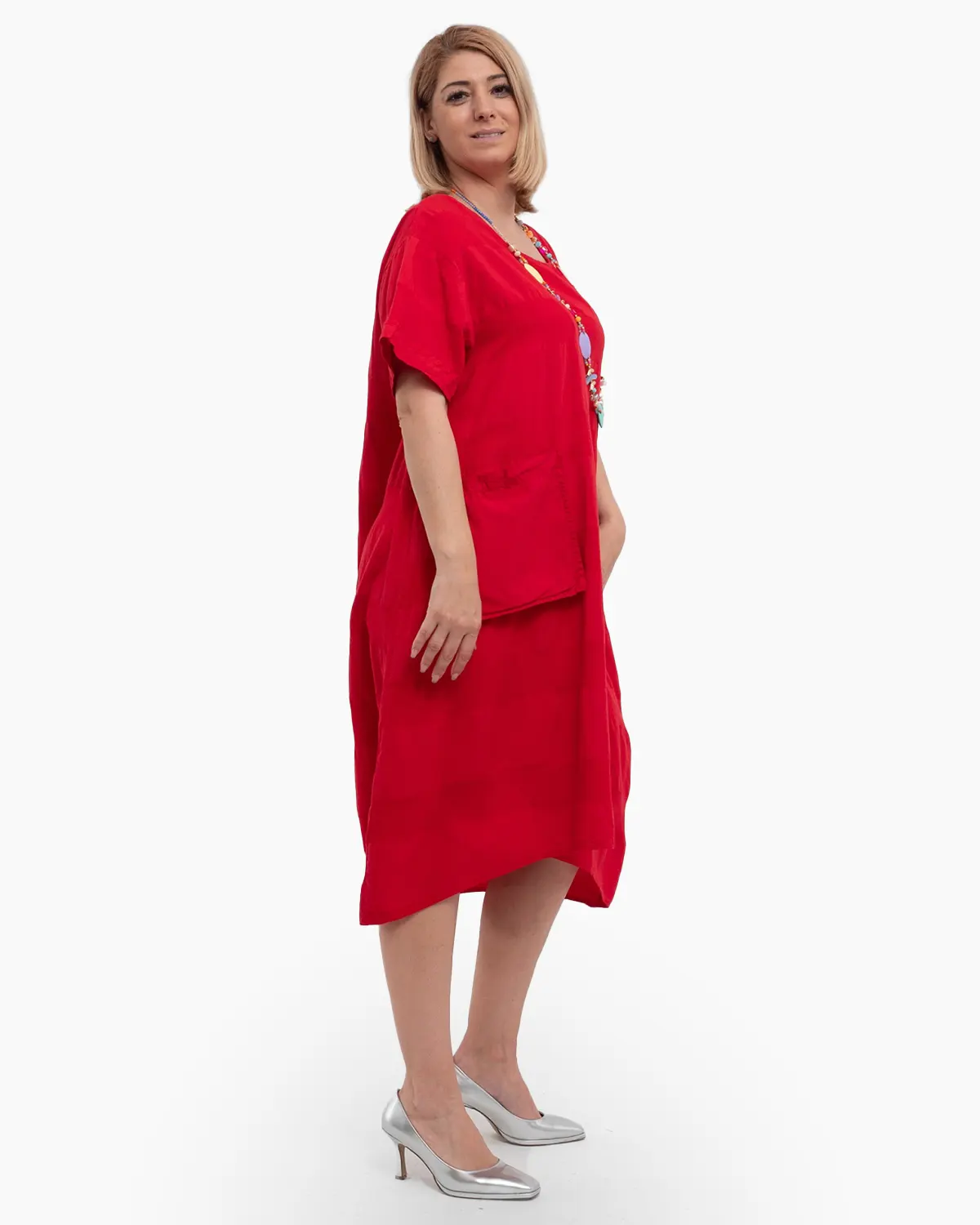 Rochie midi asimetrică roșie din bumbac cu dungi și buzunare frontale [2]